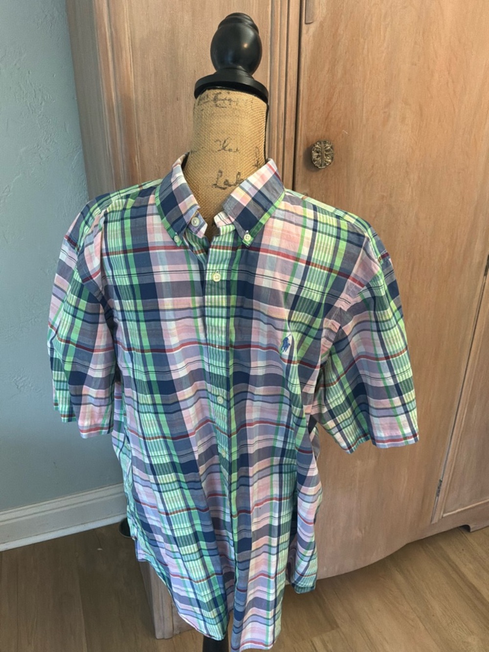 Vintage Polo Ralph Lauren Shirt Madras Plaid pink Short Sleeve Button Mens XL